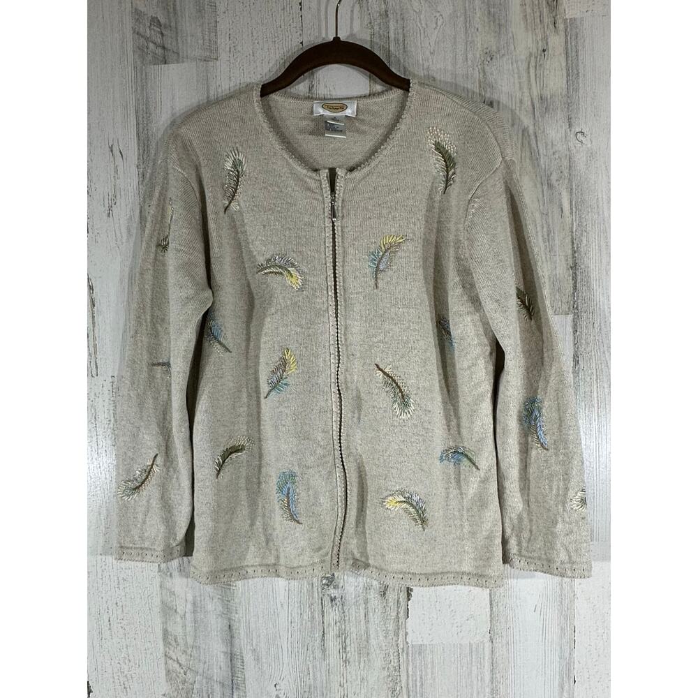 Talbots Zip Cardigan Sweater Small Beige Linen Blend Embroidered Beaded Feathers
